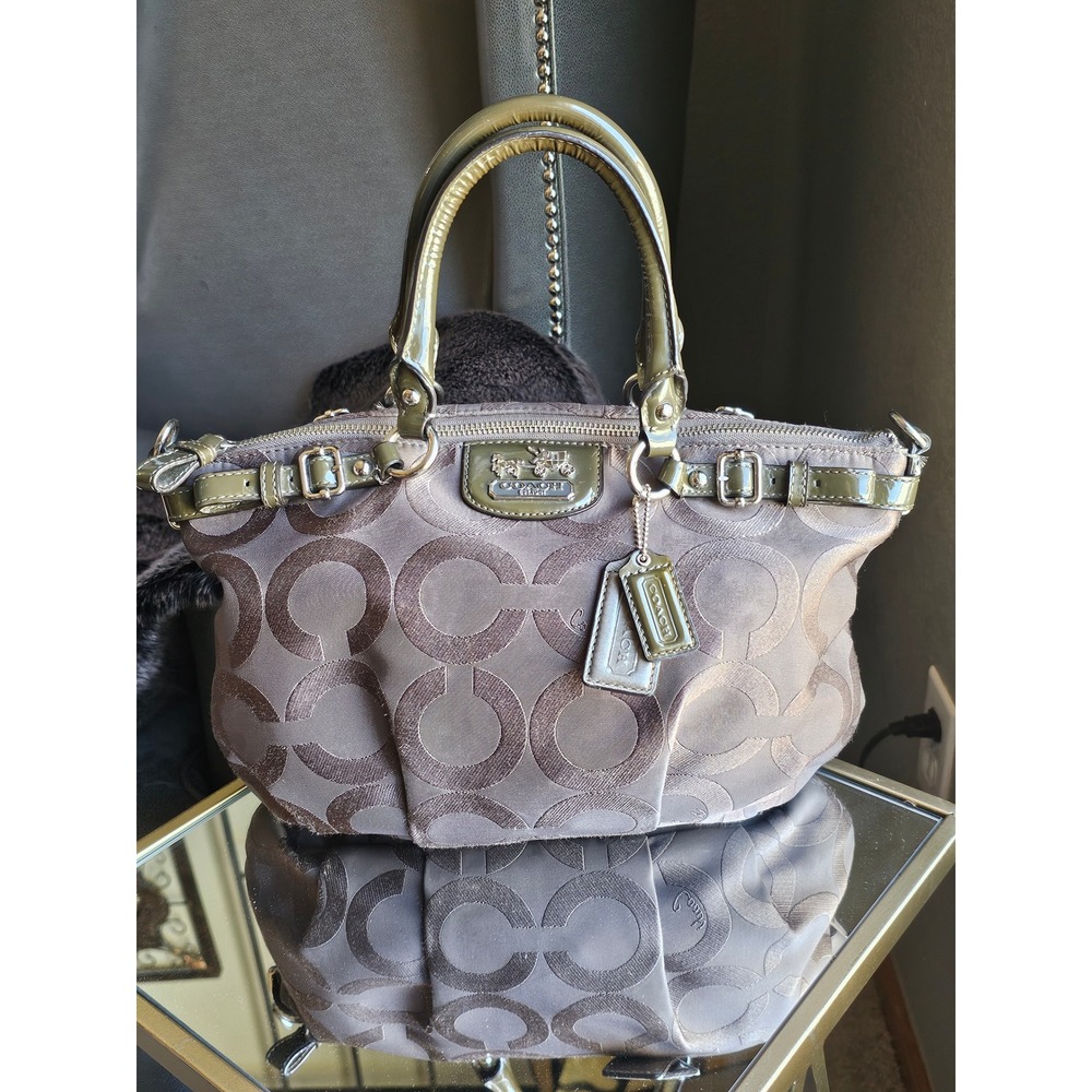 Coach Madison Sophia 18619 Signature Op Art Satchel Gray Olive Patent Y2K